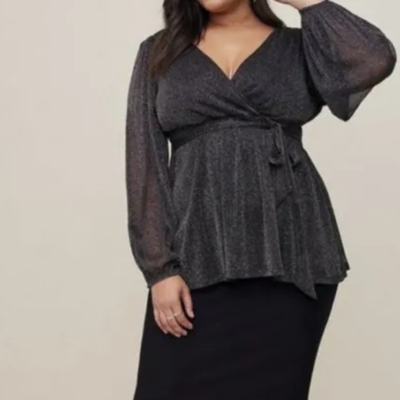 Torrid KNIT GLITTER LUREX SURPLICE PEPLUM TOP - Picture 2 of 6